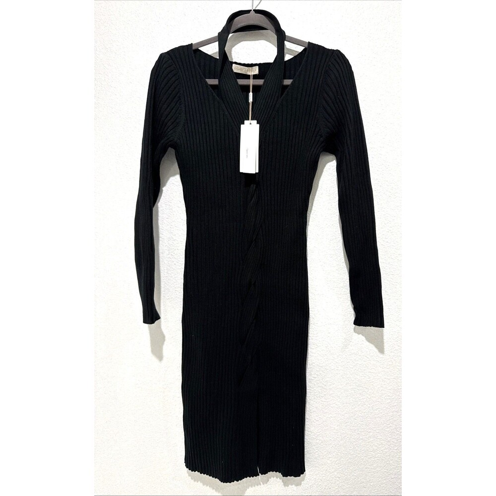Belle Pogue Elegant Retro Ribbed Knit Dress Twist Front Bodycon Black Dress Sz S